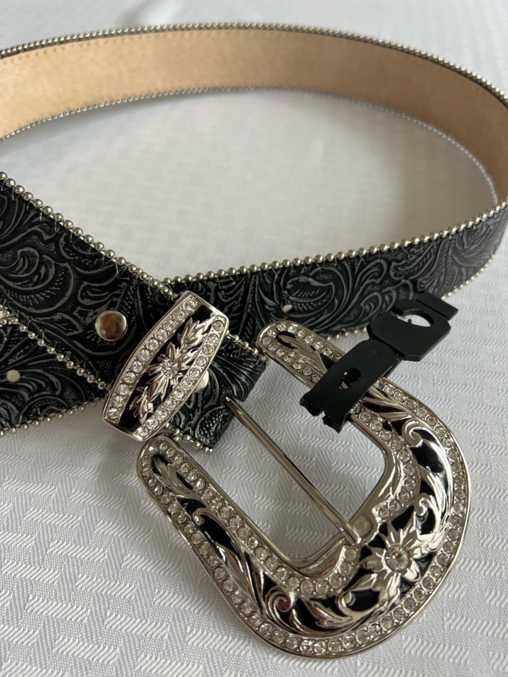 Rhinestone Western-style Black Faux Leather Belt | M (34)
